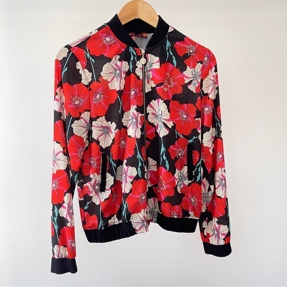Isle Floral Bomber Jacket with Red and Black Design Size XS - Picture 3 of 4